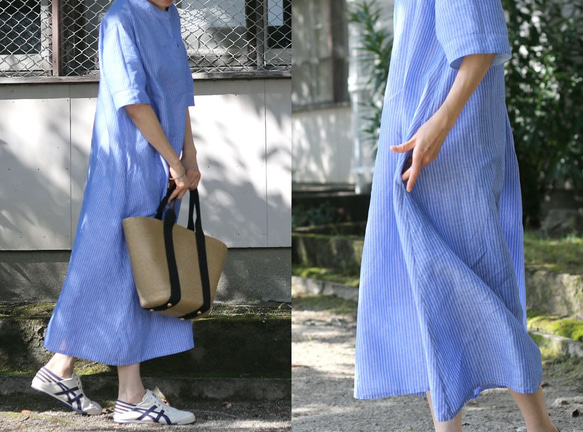 寬鬆夏裝☆oversize連衣裙棉麻立領藍 第3張的照片