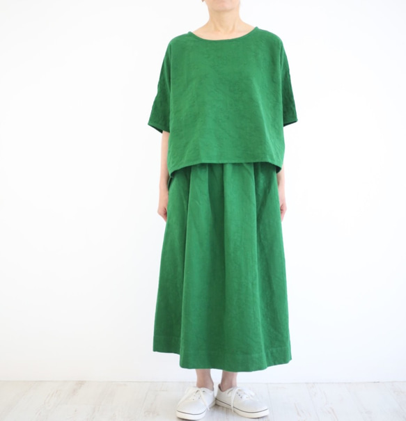 ■套裝 綠色■棉麻提花套頭衫+喇叭裙套裝 綠色 第2張的照片