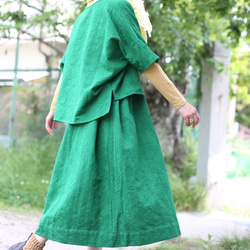 ■套裝 綠色■棉麻提花套頭衫+喇叭裙套裝 綠色 第6張的照片