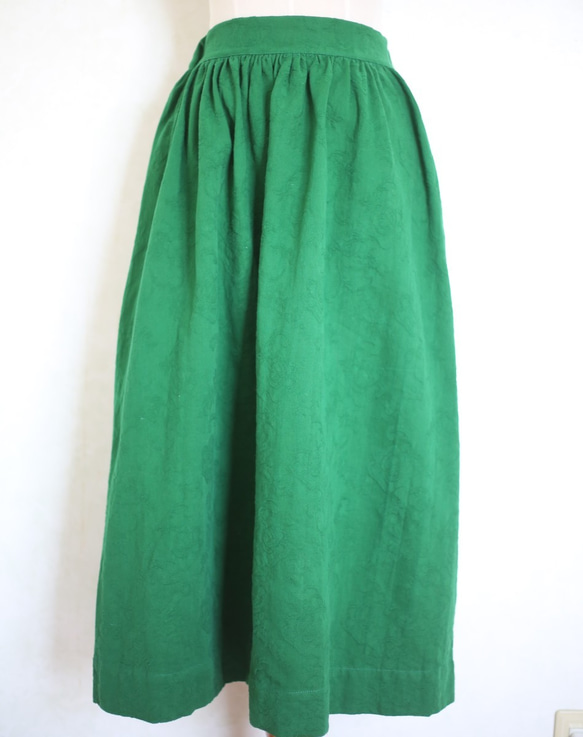 ■套裝 綠色■棉麻提花套頭衫+喇叭裙套裝 綠色 第7張的照片