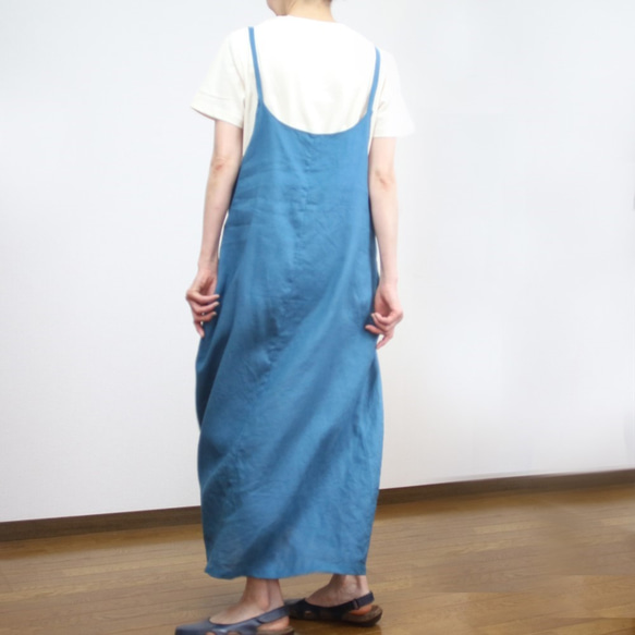 Maxi 寬鬆背帶裙 ★ 我們生產從 S 到 7L 尺寸 100% 亞麻綠松石 第4張的照片
