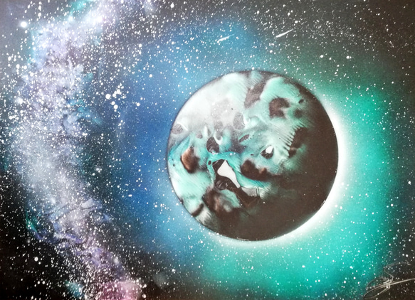 スプレーアート原画作品：フルーイッドアートの惑星 絵画 世界放浪