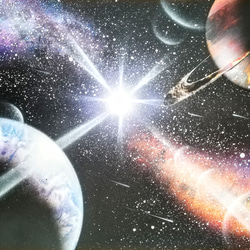 スプレーアートＢ４サイズ原画 紙 惑星 スプレーアート原画作品：フルーイッドアートの惑星 絵画 世界