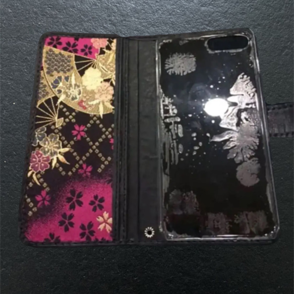 和柄好きの為のオーダーメイド京都西陣織×革  手帳型携帯ケース（みやび扇） 3枚目の画像