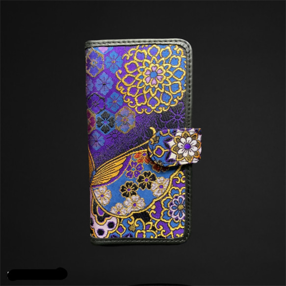 和柄好きの為のオーダーメイド京都西陣織×革  手帳型携帯ケース（蝶々） 2枚目の画像