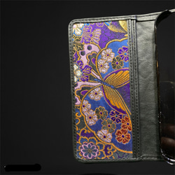 和柄好きの為のオーダーメイド京都西陣織×革  手帳型携帯ケース（蝶々） 4枚目の画像