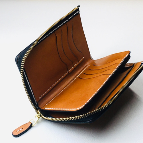 手縫】キャメル色本革L字ジップ本革二つ折り財布（お札が綺麗に見える
