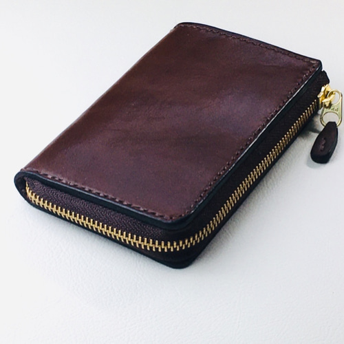 手縫】チョコ色本革L字ジップ本革二つ折り財布（お札が綺麗に見える