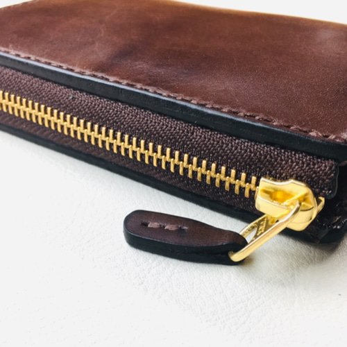 手縫】チョコ色本革L字ジップ本革二つ折り財布（お札が綺麗に見える