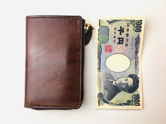 【手縫】チョコ色本革L字ジップ本革二つ折り財布（お札が綺麗に見える。取出易さ重視したお財布です。 10枚目の画像