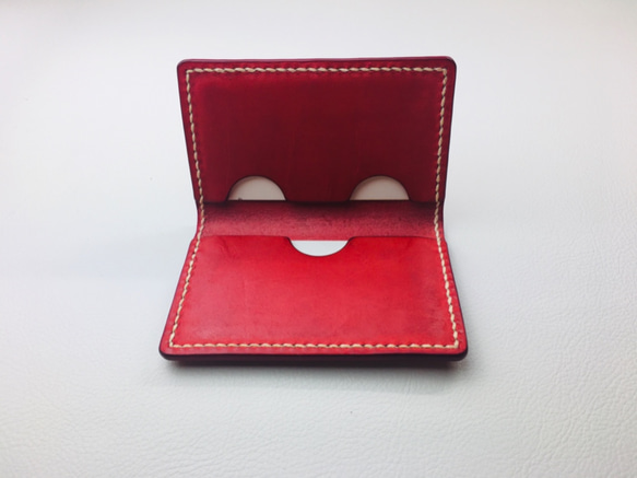 新革【手縫】イタリア牛革名刺入れカードケース（赤色）小ロット作品 3枚目の画像