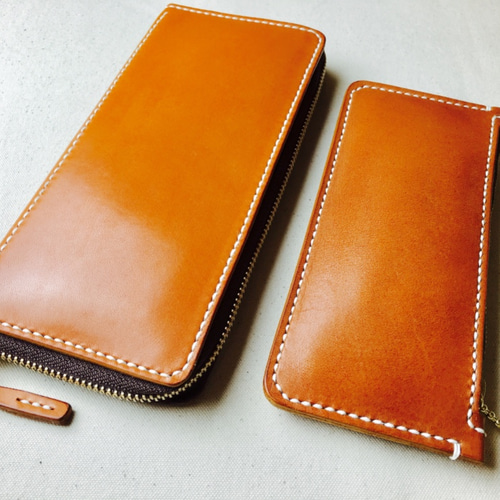 手縫】ラウンドジップキャメル色本革長財布