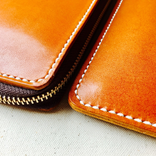 手縫】ラウンドジップキャメル色本革長財布（小銭入れ付） 長