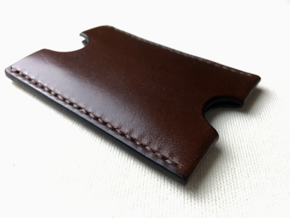 Suica・PASMO用チョコ色本革カードケース（焦茶糸） 4枚目の画像