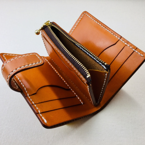 手縫】キャメル色本革二つ折り財布（カード8＋お札1＋ファスナー