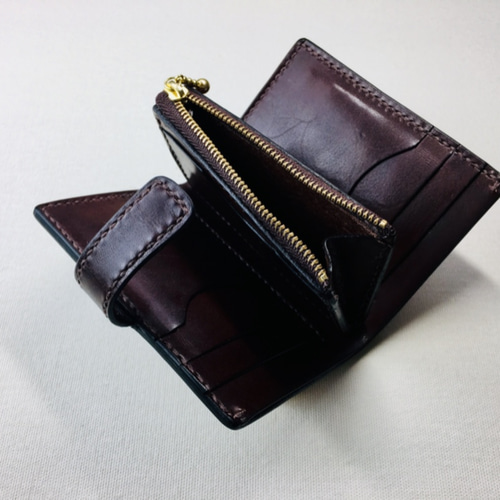 手縫】チョコ色本革二つ折り財布（カード8＋お札1＋ファスナー式小銭