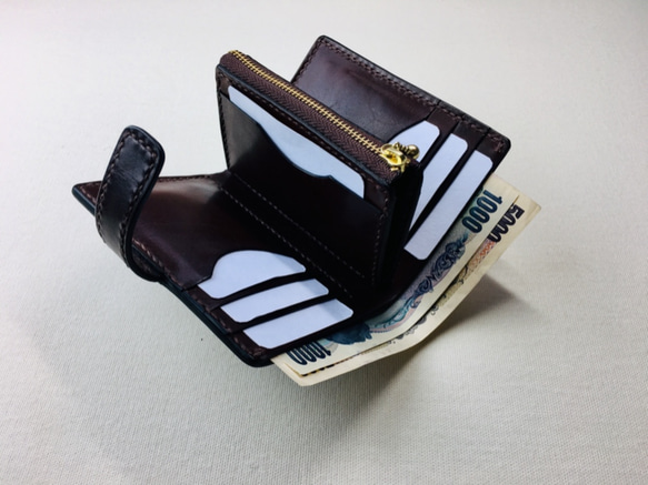 【手縫】チョコ色本革二つ折り財布（カード8＋お札1＋ファスナー式小銭入れ） 4枚目の画像