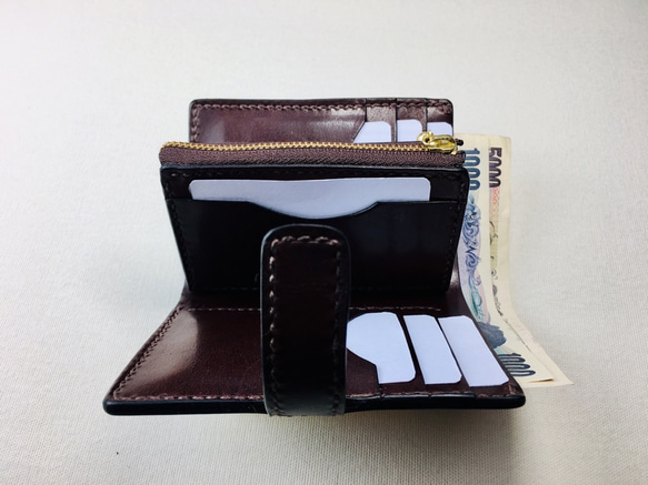 【手縫】チョコ色本革二つ折り財布（カード8＋お札1＋ファスナー式小銭入れ） 6枚目の画像