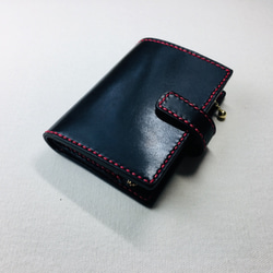手縫】黒色本革二つ折り財布(赤糸)（カード8＋お札1＋ファスナー