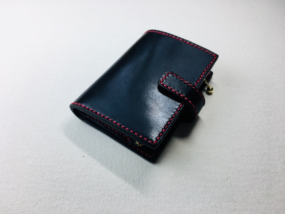 手縫】黒色本革二つ折り財布(赤糸)(カード8+お札1+ファスナー 手縫】黒色本革二つ折り財布(赤糸)(カード8+お札1+ファスナー