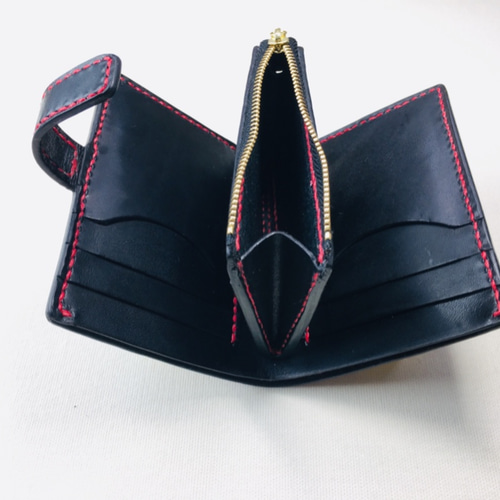 手縫】黒色本革二つ折り財布(赤糸)(カード8+お札1+ファスナー 手縫】黒色本革二つ折り財布(赤糸)(カード8+お札1+ファスナー