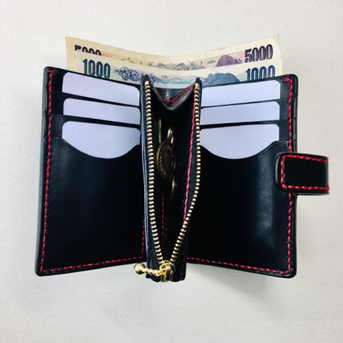 手縫】黒色本革二つ折り財布(赤糸)（カード8＋お札1＋ファスナー式小銭