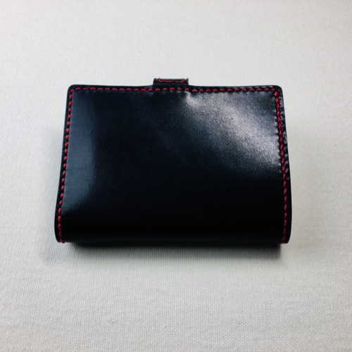 手縫】黒色本革二つ折り財布(赤糸)(カード8+お札1+ファスナー 手縫】黒色本革二つ折り財布(赤糸)(カード8+お札1+ファスナー