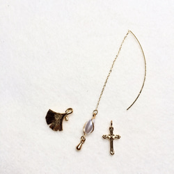 14KGF 鍍14k金珍珠耳線 銀杏耳線 十字架耳線 耳環 第2張的照片