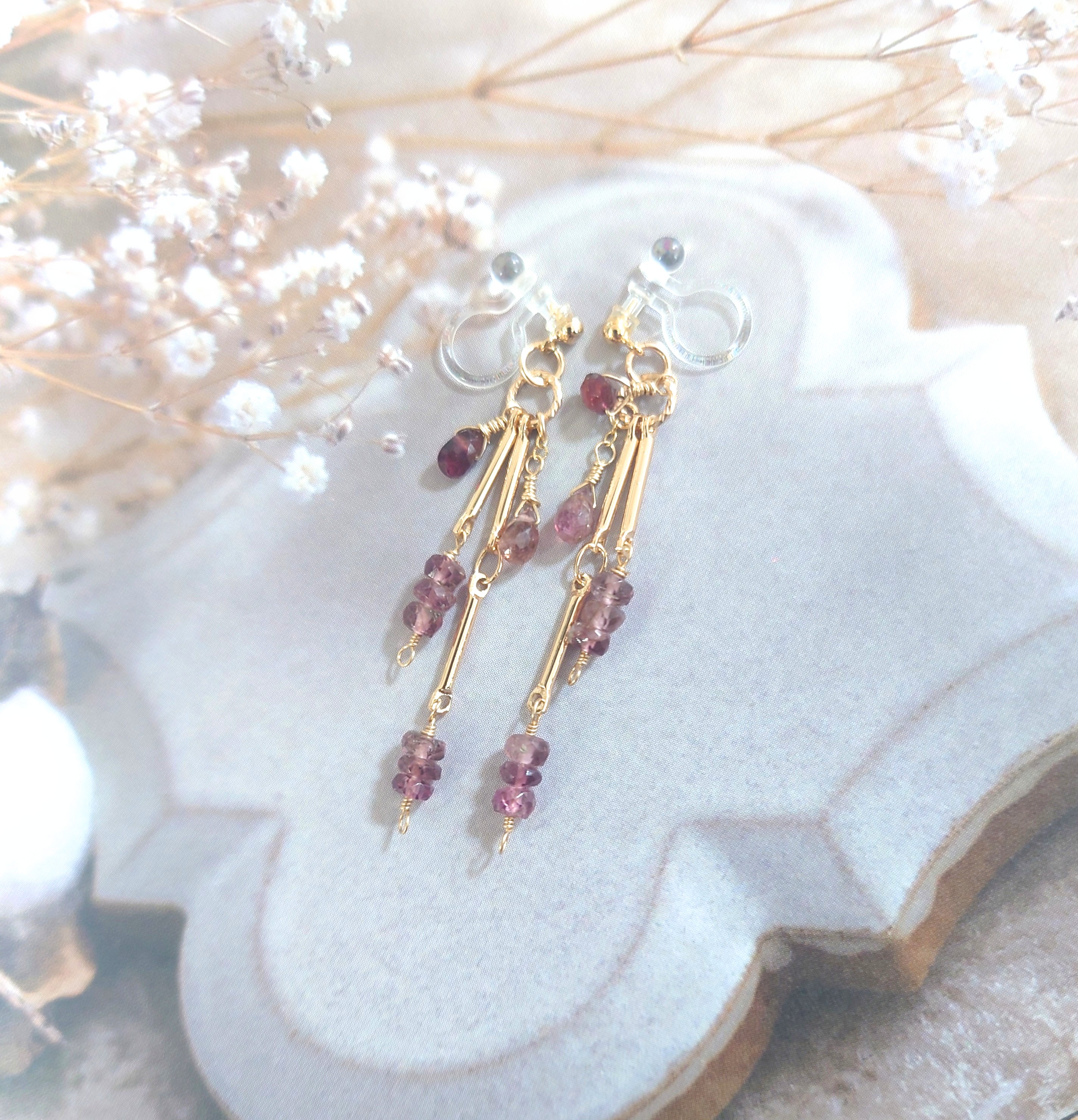 14kgf✨ルベライト&ピンクトルマリンのストレートイヤリング／ピアス