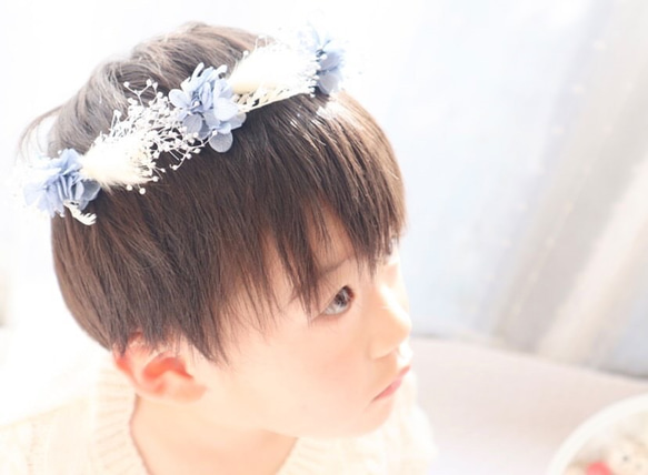 【送料無料】~3種のwhite&blue silver ~ベビー　キッズ　花かんむり　花冠　男の子　女の子 3枚目の画像