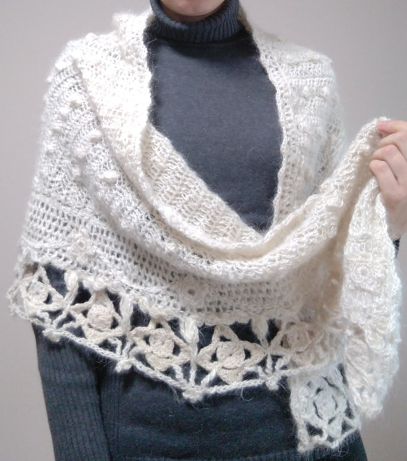 50%OFF￥32500→￥16250手編みストール暖か手紡ぎウール100％スタイリッシュ可愛い 2枚目の画像