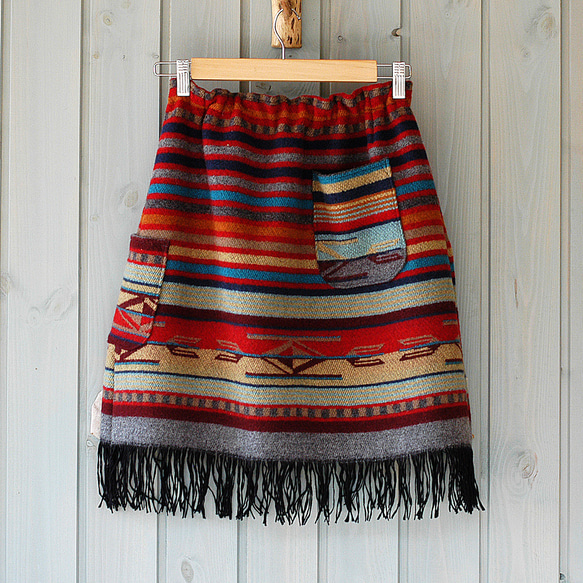 フリンジスカート　チマヨガーネット　"Fringe Skirt" Chimayo Garnet/Grey Stripe 2枚目の画像