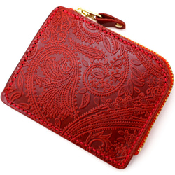 永久保証 オール 栃木レザー ペイズリー型押し L字ファスナー ミニウォレット FARIA レッド ミニ財布 ヌメ革 4枚目の画像