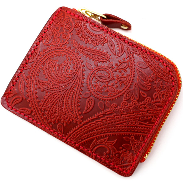 永久保証 オール 栃木レザー ペイズリー型押し L字ファスナー ミニウォレット FARIA レッド ミニ財布 ヌメ革 4枚目の画像