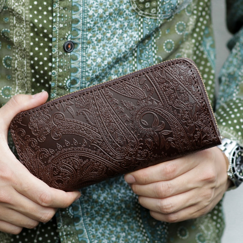 オール 栃木レザー ペイズリー型押し ラウンドファスナー ロング