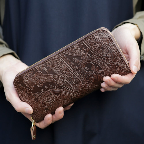 オール 栃木レザー ペイズリー型押し ラウンドファスナー ロング