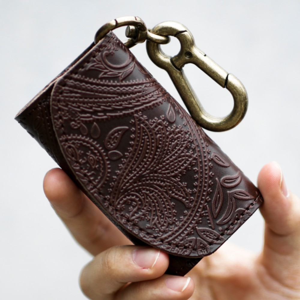 永久保証 オール 栃木レザー ペイズリー型押し カラビナ 付き キーケース ＆ コインケース PAOLO ブラウン ヌメ