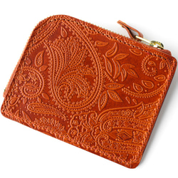 永久保証 栃木レザー ペイズリー 薄型 極小 L字ファスナー コンパクト ウォレット FARIA オレンジ 財布 3枚目の画像
