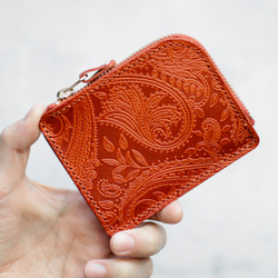 永久保証 栃木レザー ペイズリー 薄型 極小 L字ファスナー コンパクト ウォレット FARIA オレンジ 財布 1枚目の画像