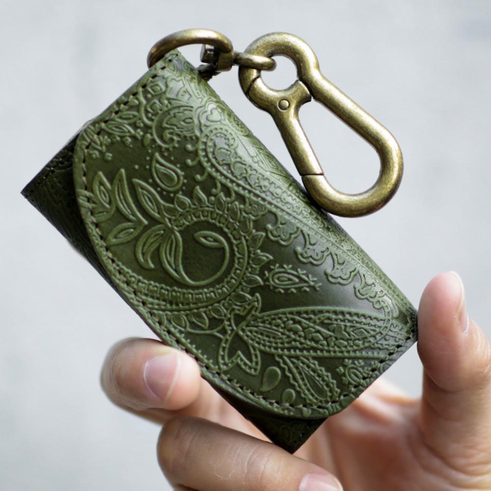 送料無料 オール 栃木レザー ペイズリー型押し カラビナ キーケース ＆ コインケース PAOLO スプルース ヌメ