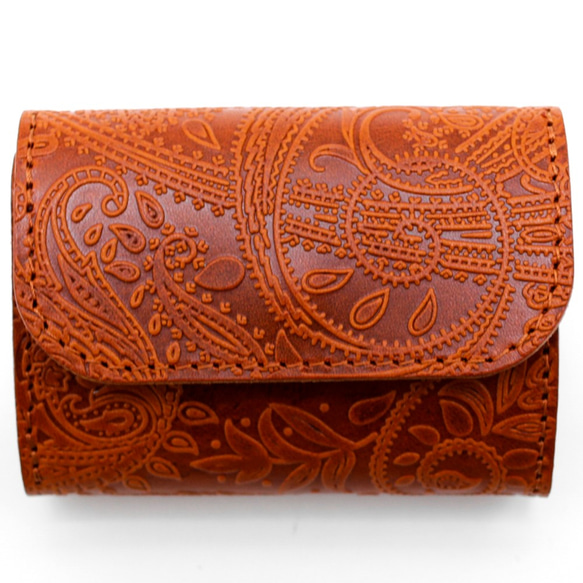 小さい財布 送料無料 栃木レザー ペイズリー型押し コンパクト ウォレット PABLO オレンジ ミニ財布 三つ折り 4枚目の画像