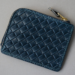 栃木レザー イントレチャー 型押し 薄型 小さい財布 L字ファスナー コンパクト ウォレット FARIA ネイビー 財布 4枚目の画像