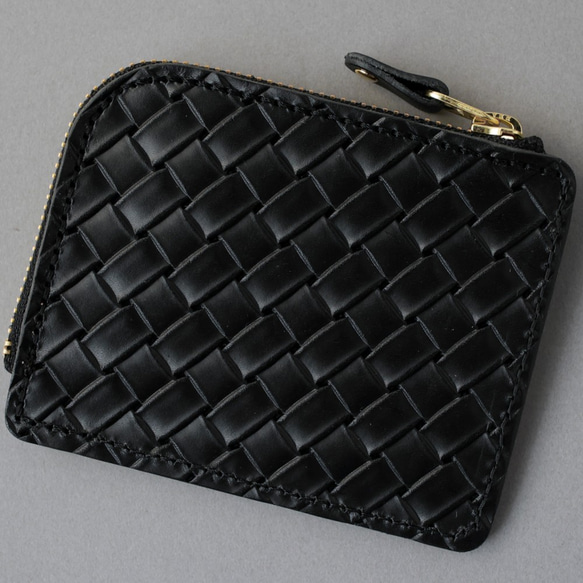 栃木レザー イントレチャー 型押し 薄型 小さい財布 L字ファスナー コンパクト ウォレット FARIA ブラック 財布 4枚目の画像