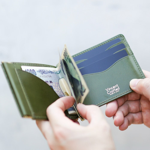 送料無料 栃木レザー マネークリップ 二つ折り 財布 口金