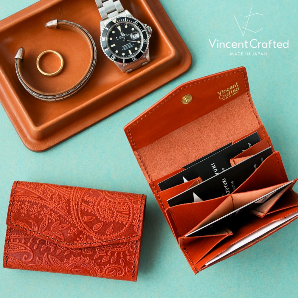 送料無料 栃木レザー ハニカム カードケース 名刺入れ ペイズリー オレンジ ビジネス メンズ レディース 蛇腹 国産