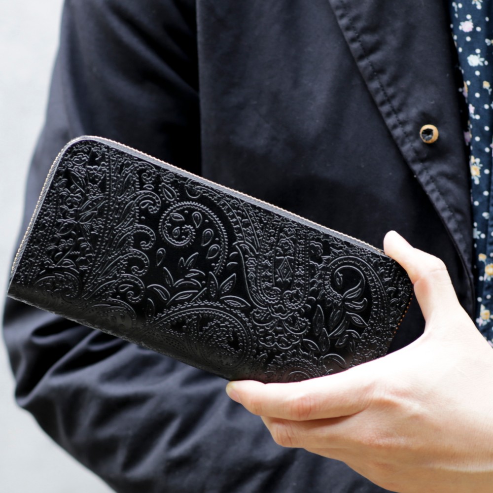永久保証 オール 栃木レザー ペイズリー型押し ラウンドファスナー ロングウォレット DIEGO ブラック 長財布 ヌメ