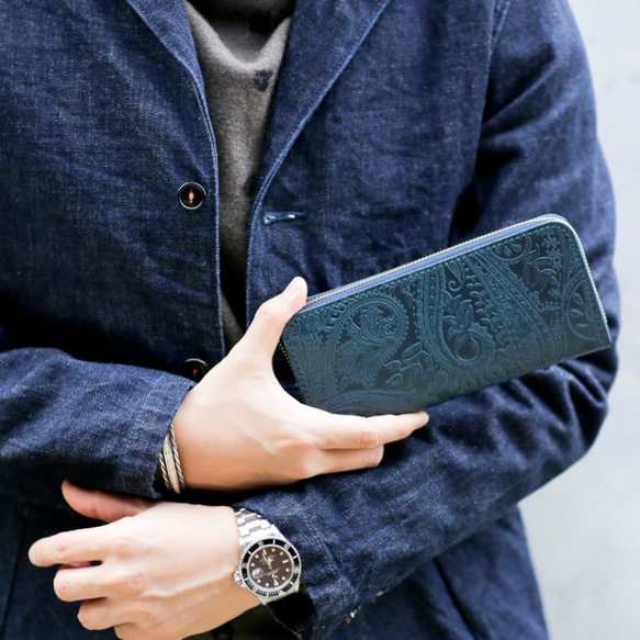 送料無料 オール 栃木レザー ペイズリー型押し ラウンドファスナー ロングウォレット DIEGO ネイビー 長財布 本革 2枚目の画像