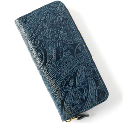 送料無料 オール 栃木レザー ペイズリー型押し ラウンドファスナー ロングウォレット DIEGO ネイビー 長財布 本革 7枚目の画像