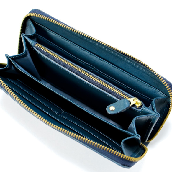 送料無料 オール 栃木レザー ペイズリー型押し ラウンドファスナー ロングウォレット DIEGO ネイビー 長財布 本革 5枚目の画像