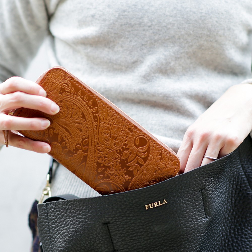 永久保証 オール 栃木レザー ペイズリー型押し ラウンドファスナー ロングウォレット DIEGO オーク 長財布 ヌメ革